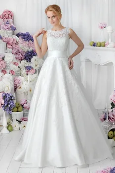 2015 Трапециевидный вырез с круглым вырезом, длина до пола, винтажное свадебное платье из тюля, свадебное платье, длинное свадебное платье для новобрачных, кружевные аппликации, F1367