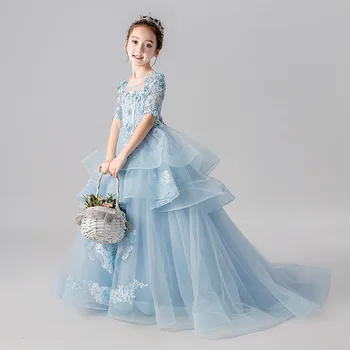 2023 новое детское платье для подиума, пышные костюмы принцессы с хвостом и роялем, маленькое вечернее платье в цветочек, детская одежда