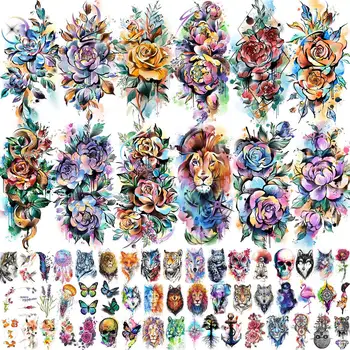 63 Листа Акварельных временных татуировок в виде цветов Для женщин, Искусственные Наклейки с татуировками в виде Пиона и Розы, 3D Цветочные татуировки в виде Льва и Змеи, паста