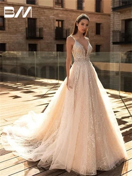 BRLMALL Современное свадебное платье трапециевидной формы на бретельках, шлейф, глубокий V-образный вырез, свадебное платье на заказ, Роскошное блестящее кружево