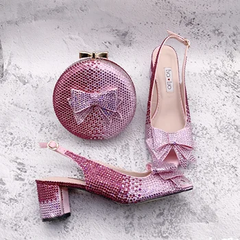BS1620 Женская обувь ручной работы на низком каблуке, модельные туфли-лодочки, свадебные туфли цвета Фуксии, Розовые хрустальные туфли с сумкой в тон.