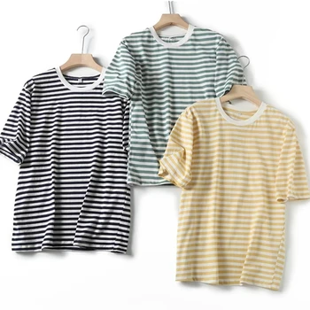 Elmsk В стиле бойфренда, Модная пара простых футболок в тонкую полоску, Летняя повседневная базовая футболка из чистого хлопка с круглым вырезом, топ-модель