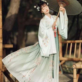 Hanfu women, китайский стиль, элементы Хань, светло-зеленый воротник, юбка до талии, весенне-летнее модное женское платье под старину