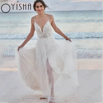 Oyisha Пляжное платье невесты из тюля трапециевидной формы С аппликацией, V-образный вырез, свадебное платье без рукавов Для женщин, бретельки на тонких бретелях, платье с открытой спиной, Vestido Novia