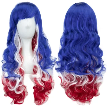 Soowee Синий Белый Красный цвет Омбре Вьющиеся волосы Косплей Парики с челкой Костюм для Хэллоуина Парик для женщин