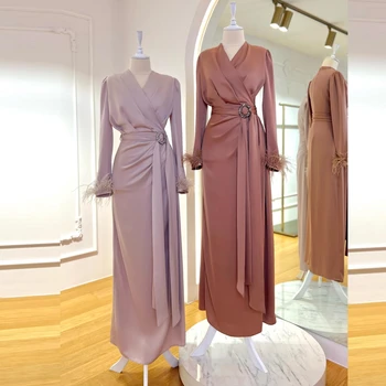V-образный вырез, длинные рукава, атлас, Саудовская Аравия, элегантные вечерние платья с перьями, вечерние платья русалки для женщин