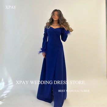 XPAY Королевские синие вечерние платья в Саудовском арабском стиле с открытыми плечами, длинными рукавами, перьями, матовым разрезом, вечернее платье для выпускного вечера, женское платье