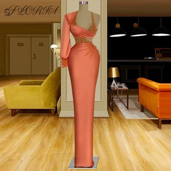 Арабско-Оранжевые платья для выпускного вечера Gala 2022, длинный рукав, Одно плечо, длина до пола, Элегантное Расшитое бисером Атласное вечернее платье для вечеринки, свадьба