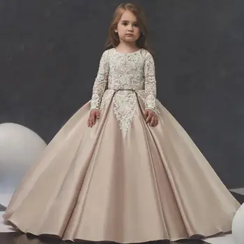 Атласное кружевное платье цветочницы для свадьбы, длинные рукава, длина до пола, Элегантное бальное платье для вечеринки по случаю дня рождения, Платье для первого причастия