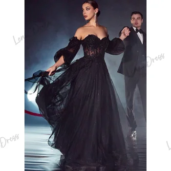 Бальное платье Lena С пышными рукавами Vestido De Novia, Черное Бальное платье трапециевидной формы С Кружевной вышивкой Принцессы