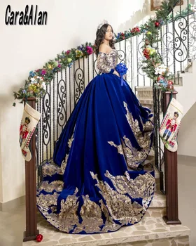 Бархатные синие пышные платья с кружевной аппликацией Sweet 16 Dress С длинными рукавами vestidos de 15 Бальное платье для выпускного вечера