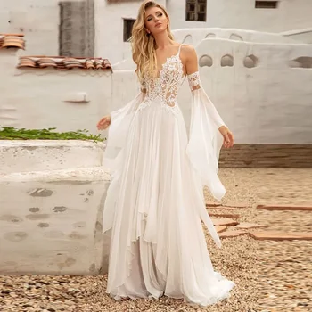 Белое шифоновое свадебное платье без рукавов с V-образным вырезом и принтом, съемный рукав 3/4, романтическое деревенское платье vestidos de novia