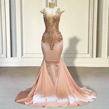 Блестящие бисерные кристаллы, длинные платья Русалки для выпускного вечера 2023, Розовые Сексуальные платья для девочек и женщин с V-образным вырезом, вечерние платья