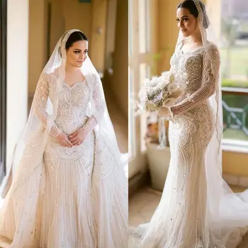 Великолепное свадебное платье с крупными кристаллами и бусинами в виде сердца, свадебное платье с длинными рукавами, свадебное платье со съемным шлейфом, свадебное платье