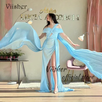 Вечерние платья Viisher Blue Mermaid с открытыми плечами, сексуальное платье для выпускного вечера с разрезом сбоку и юбкой, индивидуальные вечерние платья для вечеринок