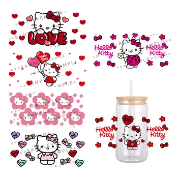 День Святого Валентина Sanrio Мультфильм Hello Kitty УФ-переводная наклейка DTF, Водонепроницаемые переводные наклейки для стеклянных стаканчиков на 16 унций