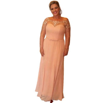 Длинное платье для матери невесты персикового цвета с прозрачным кружевом на плечах, длинными рукавами и бантом в виде сердца, шифоновым поясом на свадьбах и официальных мероприятиях