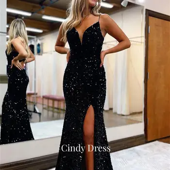 Длинные вечерние платья Cindy Mermaid с блестками, коктейльное женское роскошное вечернее черное вечернее платье с V-образным вырезом, сексуальное пышное платье