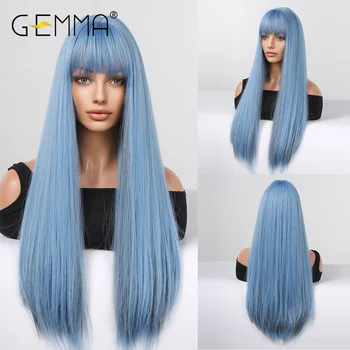 Длинный прямой синтетический парик GEMMA для женщин, голубые парики с челкой, косплей, парик из натуральных волос из термостойкого волокна, искусственные волосы