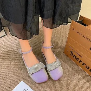 Женская обувь 2024 года, высококачественные женские туфли на плоской подошве с пряжкой и ремешком, модные туфли-лодочки с кристаллами, женские туфли-лодочки с квадратным носком на низком каблуке
