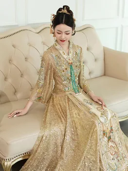 Женское Блестящее Свадебное платье с блестками цвета Шампанского, банкетное платье в китайском стиле, Винтажное бисероплетение Cheongsam HanFu