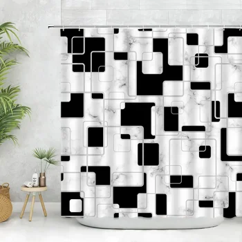 Занавеска для душа с черно-белой мраморной текстурой, современная геометрическая решетчатая занавеска для душа из полиэстеровой ткани, домашний декор, крючки для подвешивания ткани