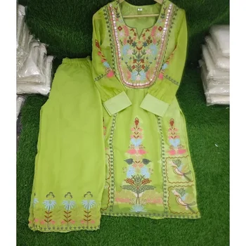 Зеленые брюки-курти Dupatta, вышитые вручную, комплект из трех предметов с цветами и растениями, классическая этническая одежда