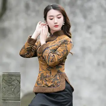 Зимний китайский ретро-костюм 2024 года в стиле тан, хлопковая блузка с принтом и длинным рукавом, новый женский чонсам в китайском стиле, утолщенный топ w85