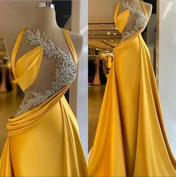 Золотые платья русалки для выпускного вечера с верхней юбкой, украшенной кристаллами и бисером, иллюзионный топ, атласные вечерние платья с рюшами на заказ, форма vestidos