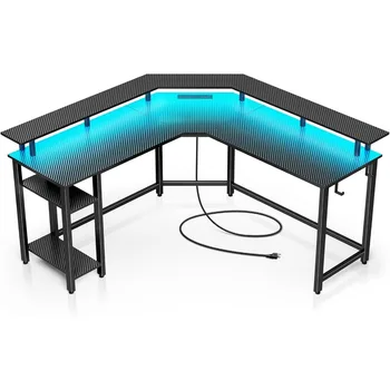 Игровой стол L-образной формы со светодиодной подсветкой и розетками Мебель 56-дюймовый компьютерный стол с подставкой для монитора и полкой для хранения Столы