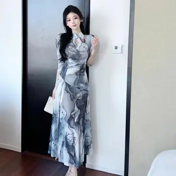 Китайское улучшенное повседневное винтажное платье Cheomgsam Vestido, китайское современное женское модное сексуальное платье Cheongsam с разрезом синего цвета Qipao