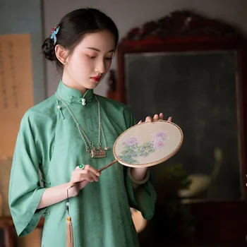 Китайское элегантное платье с большим рукавом на пуговицах с зеленым жемчугом, женское весеннее Ретро цельное платье Чонсам, улучшенное Повседневное Свободное платье