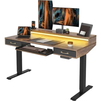 Компьютерный стол, электрический вертикальный офисный стол с 2 выдвижными ящиками и подставкой для клавиатуры, с кронштейном и светодиодной лентой, компьютерный стол