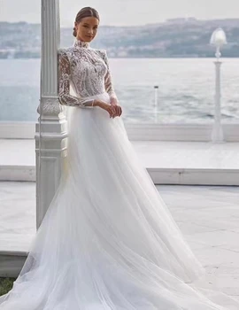 Красивое Свадебное платье с длинными рукавами, Цветочные кружевные аппликации, высокий вырез 2024, Весеннее Свадебное платье из тюля в стиле Бохо, Элегантное платье невесты