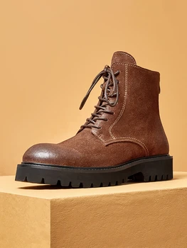 Красивые короткие ботинки из нубука, коричневой замши для мужчин, зимние ботинки из воловьей кожи в американском рабочем стиле, мужской подарок высокого класса