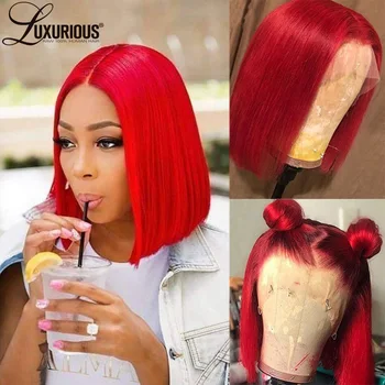 Красные прямые короткие кружевные парики 13x4 для чернокожих женщин, Бразильские натуральные предварительно выщипанные человеческие волосы, парики-бобы Hd Прозрачный Кружевной парик спереди