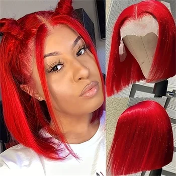 Красный короткий парик Боб 13Х4 Парики из человеческих волос на кружеве спереди для женщин, Бразильский прозрачный парик из человеческих волос, прямые цветные волосы Remy