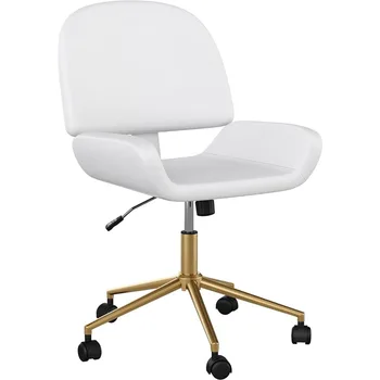 Кресло для отдыха Tyla, поворотное рабочее кресло без подлокотников для домашнего офиса из белой искусственной кожи с рамой из полированной латуни, Компьютерное кресло