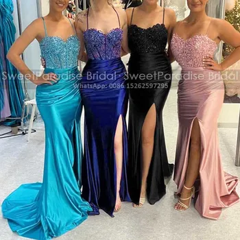 Кружевное вечернее платье русалки 2024 года с аппликацией из бисера, на бретельках-спагетти с высоким разрезом, длинное платье-футляр для свадебной вечеринки
