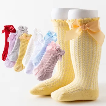 Летние носки для маленьких девочек с бантиками, Мягкие однотонные сетчатые носки для новорожденных, Гольфы до колена, Длинные Носки Принцессы для маленьких девочек, Одежда