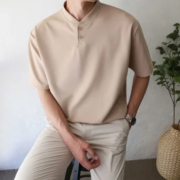 Летняя мужская футболка с коротким рукавом, приталенная модная повседневная футболка, мужская Корейская однотонная футболка со стоячим вырезом, мужской топ M-2XL