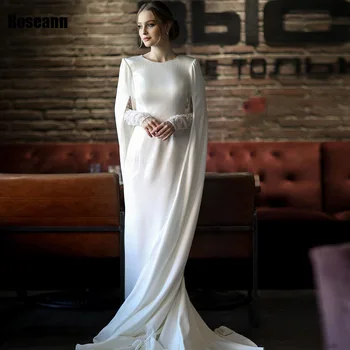 Мусульманское простое свадебное платье Русалки 2024 года с круглым вырезом и аппликацией, Кружевные цветы, Драпированные складки Длиной до пола, платье невесты robe de mariée