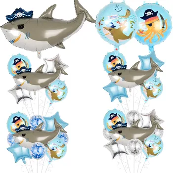Набор воздушных шаров из алюминиевой фольги с изображением персонажей видеоигр Диснея, двухсторонняя пиратская акула, океанские животные, тематическое украшение на день рождения