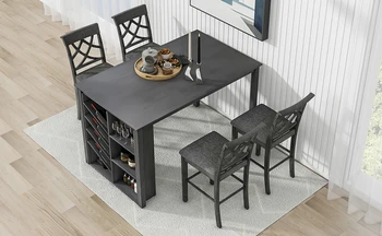 Набор обеденных столов TOPMAX из 5 предметов из массива дерева, стол 59 * 35,4 дюйма с винной полкой и 4 мягкими стульями, серый