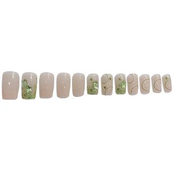 Накладные ногти с квадратными накладками из зеленого страза, улучшающие внешний вид, Съемная накладка для ногтей для профессионального маникюрного салона