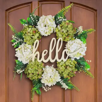Настенный искусственный венок Праздничный Привет, Зелено-белая гортензия, искусственный венок, Очаровательное украшение двери для входа на фестивали