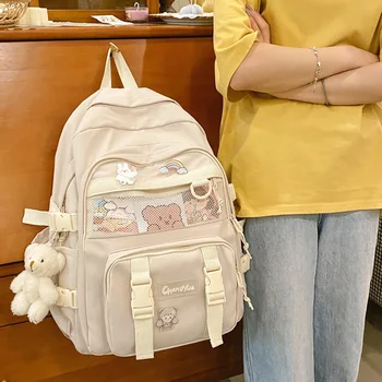 Новый женский рюкзак из водонепроницаемой нейлоновой сетки, женская однотонная дорожная сумка для значков, многокарманный школьный рюкзак для студенток, сумки для книг