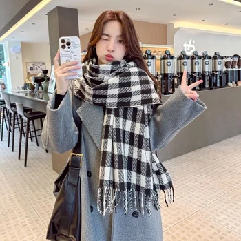 Новый женский шарф в клетку из искусственного кашемира в корейском стиле на осень и зиму, утолщенный и теплый, универсальная шаль и шарф