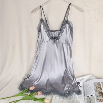 Однотонная сексуальная пижама Женская шелковая ночная рубашка на тонких подтяжках Ночная рубашка Женская ночная одежда Кружевная пижама халат