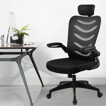 Офисное кресло для руководителей с эргономичной высокой спинкой, регулируемое с подголовником, Откидные подлокотники Черного цвета